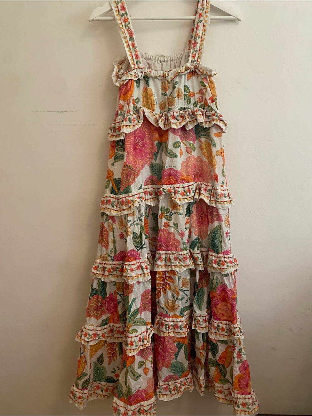 FARM Rio Macaw Bloom Tiered Maxi Dress - White with Pink & Yellow Bloom Sz S - Picture 6 of 12